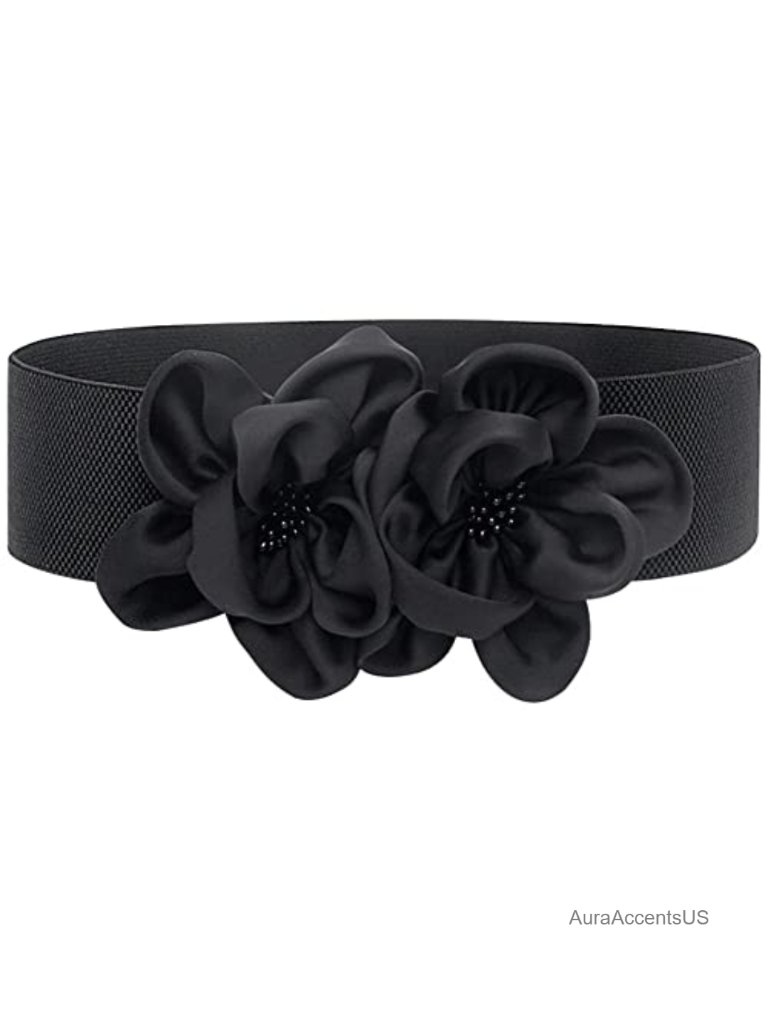 Wide Stretchy Chunky Waist Belt With Big Flower Cinch